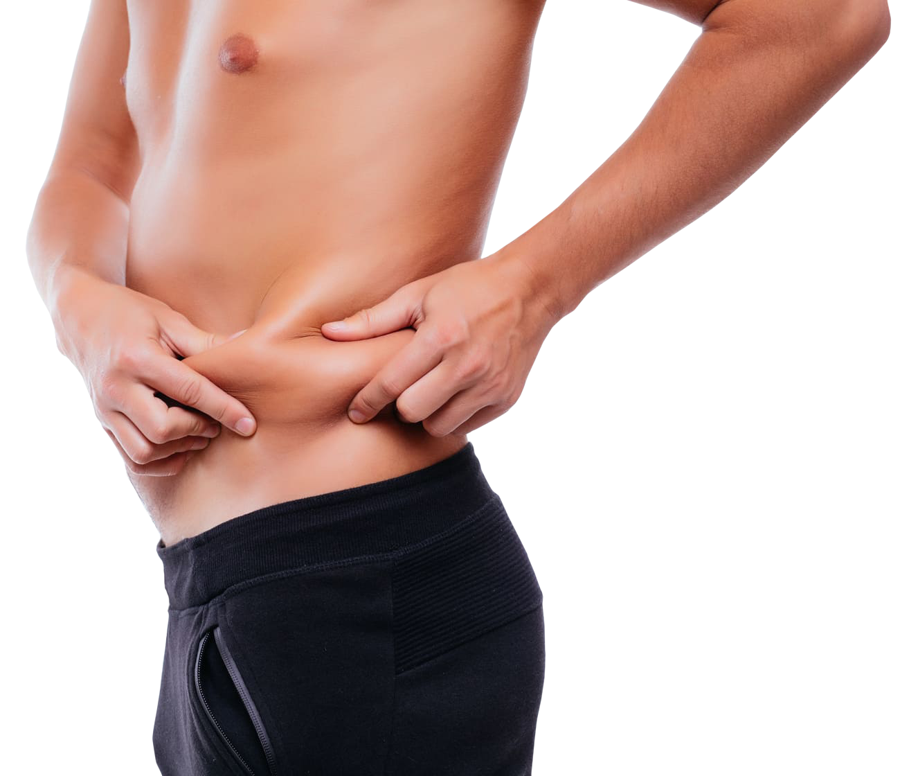 Modelo masculino con un cuerpo saludable con un fondo transparente representando abdominoplastia